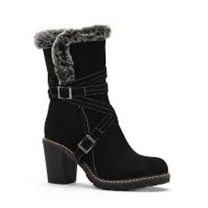 Corky's Cottage Black Faux‎ Suede Fur Trim Buckle Mid-Calf Boots Block Heel  7